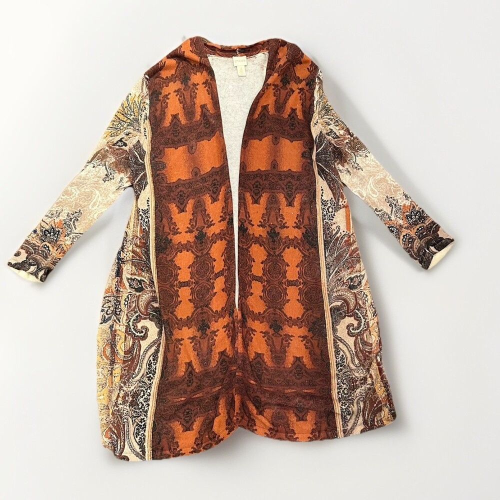 Chicos Duster Long Open Cardigan Sweater Sz 3 or XL Western Boho Festival Design